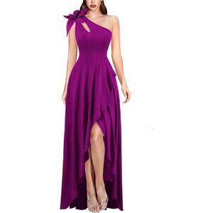 Womens 3D Flower One Shoulder Prom Formal Wedding - Shiny Fuchsia